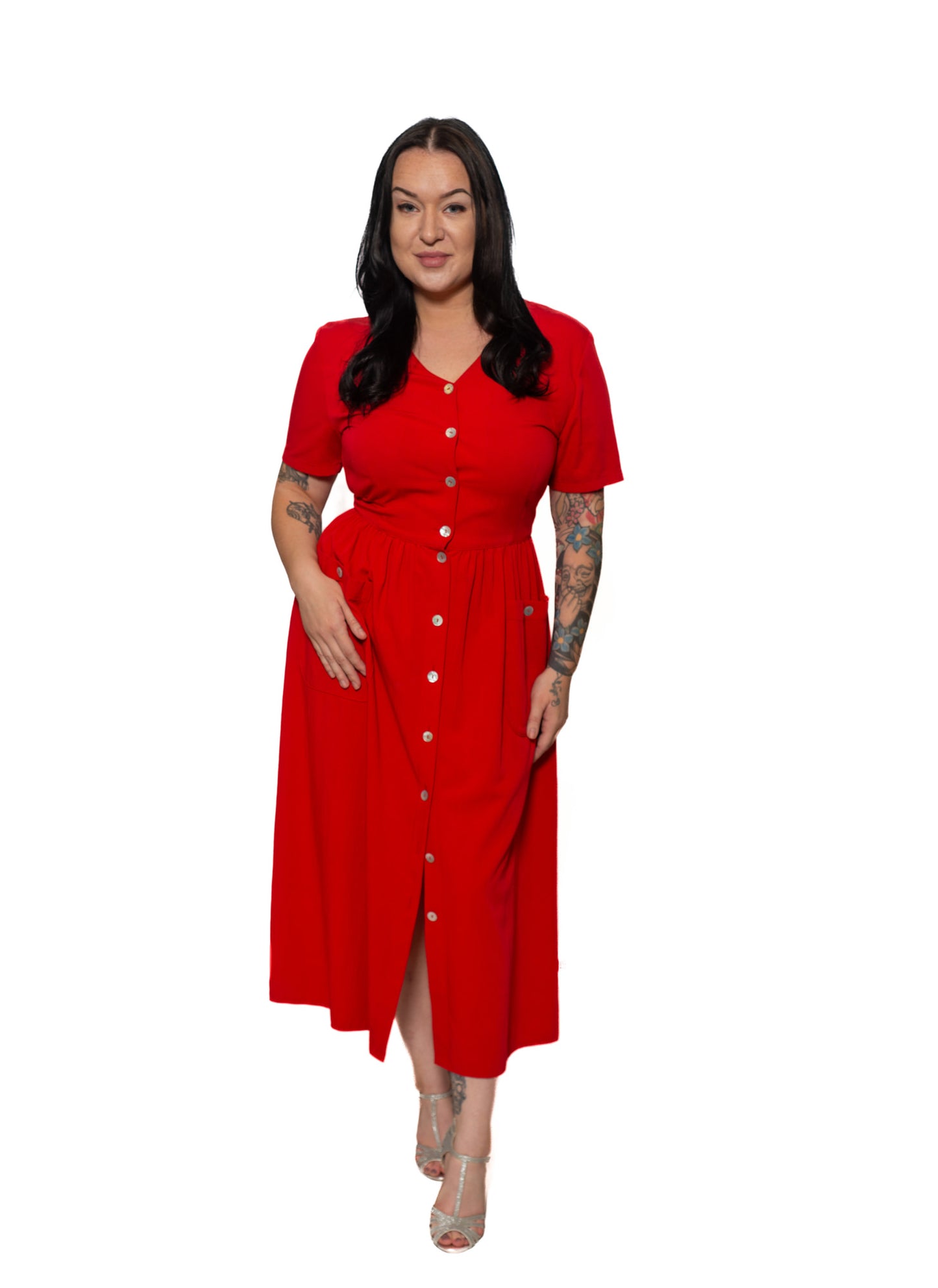 Red Button front Dress