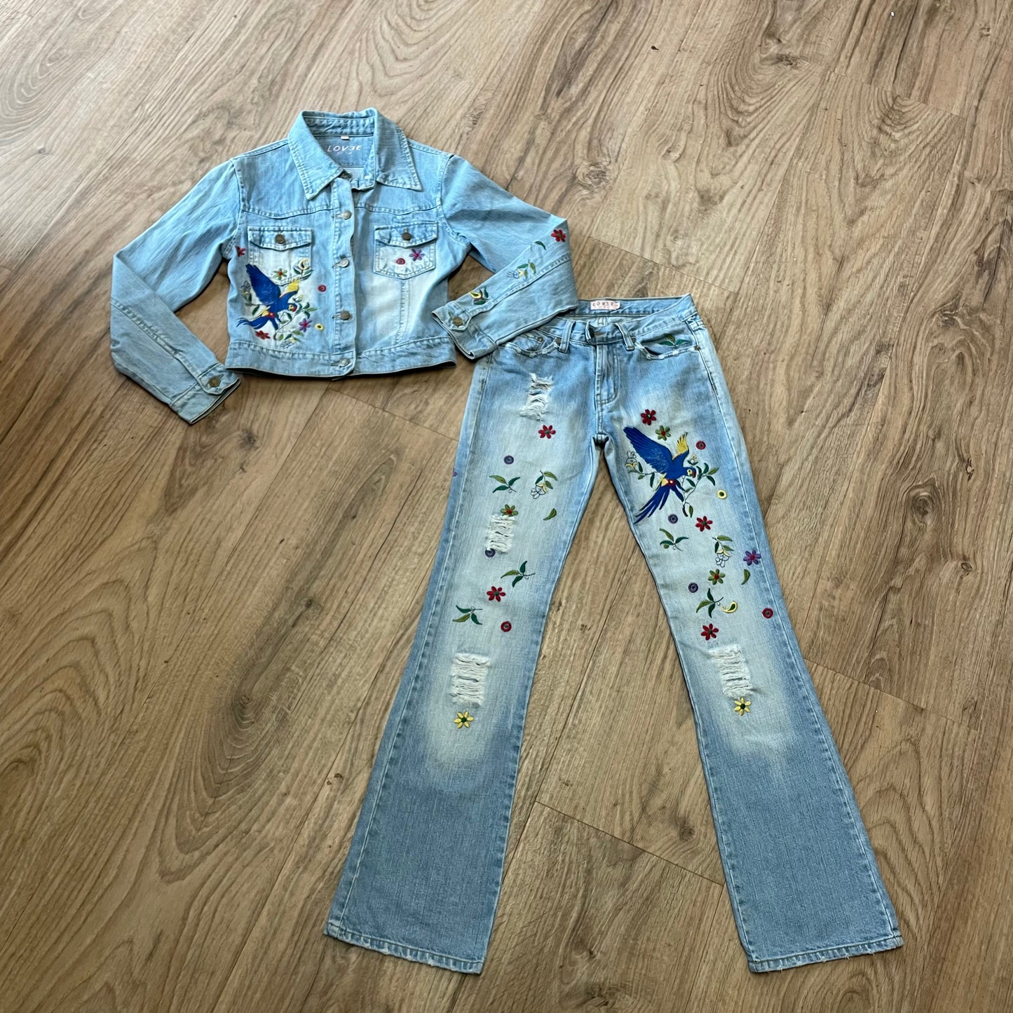 Denim embroidered two piece