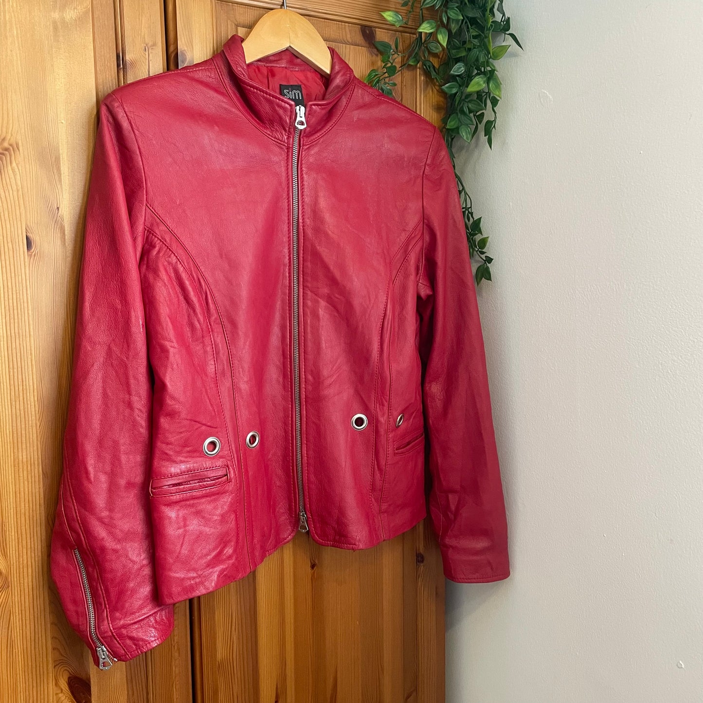 Red Leather Double Zip Jacket