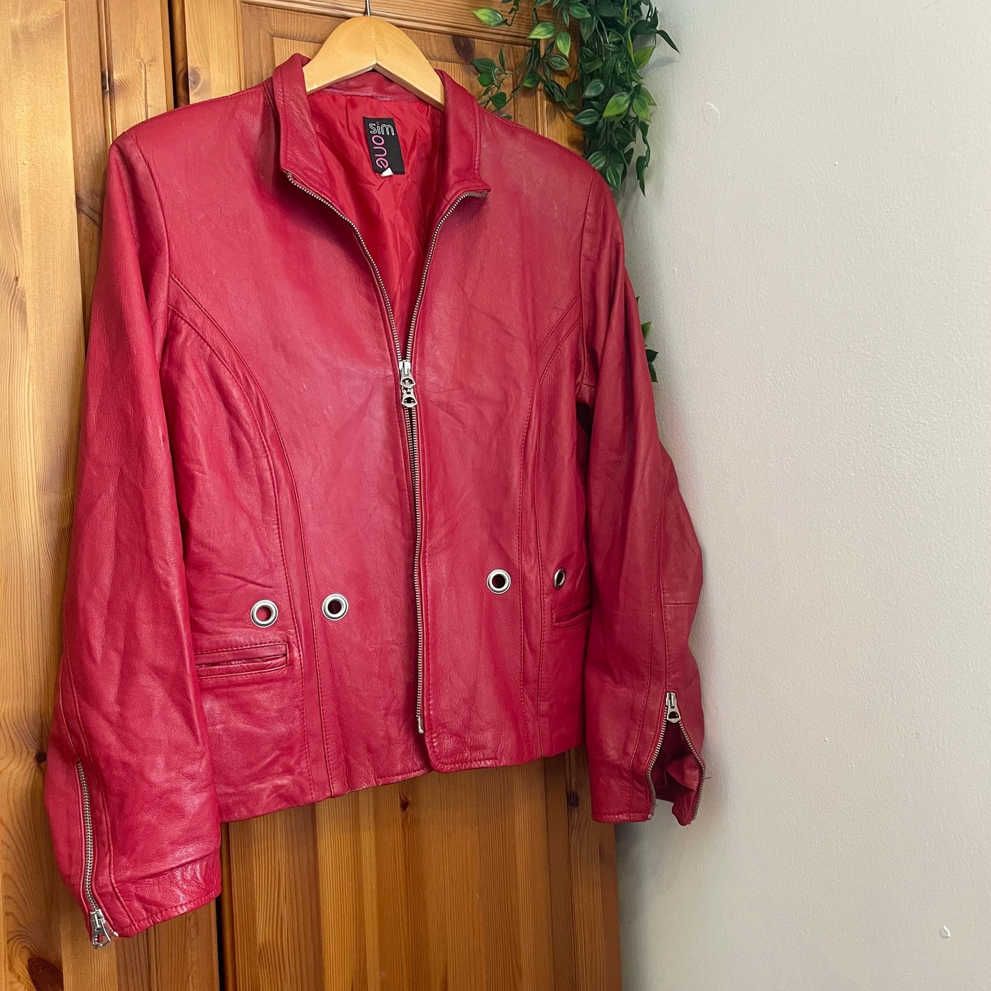 Red Leather Double Zip Jacket