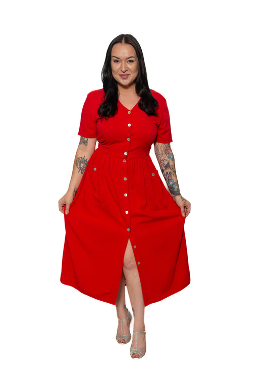 Red Button front Dress